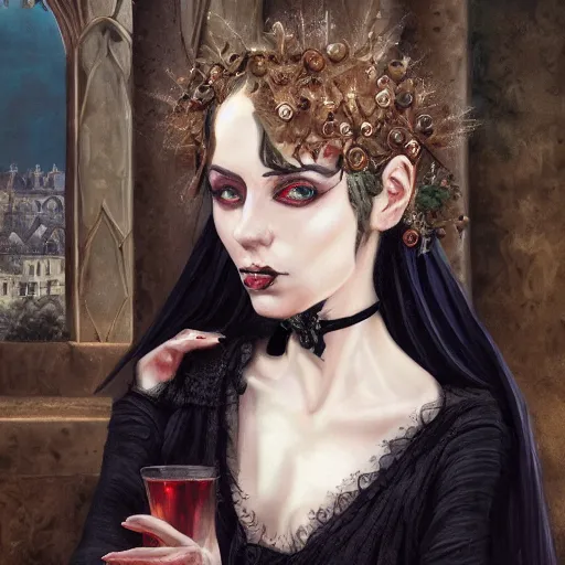 Image similar to a gothic woman at a royal party, oil painting, ultradetailed, artstation, ultradetailed, digital painting, ultradetailed