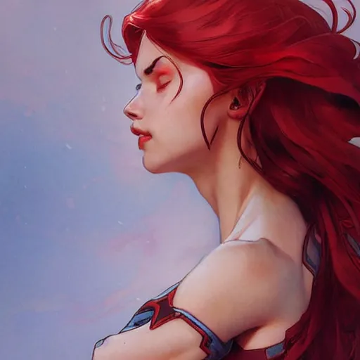 Image similar to a cool red - haired girl. she is dressed as a superhero. clean elegant painting, beautiful detailed face. by artgerm and greg rutkowski and alphonse mucha