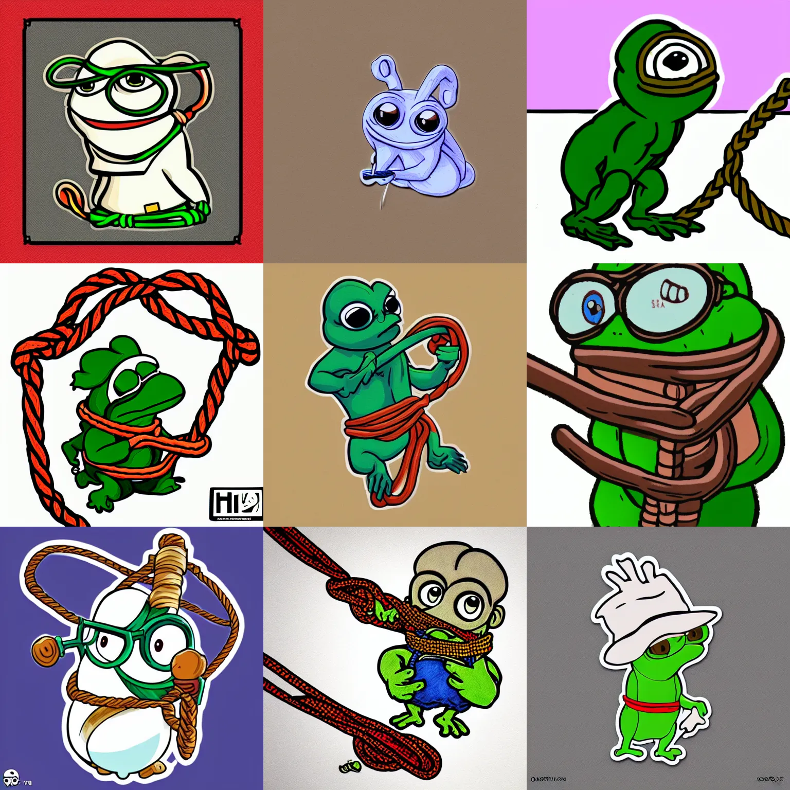 Prompt: a sticker illustration of pepe with a rope, highly detailed, carefully drawn, meme, artstation, artstationHQ, artstationHD, behance