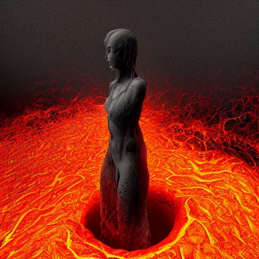 Image similar to 3D human abstract sculpture made out of molten lava, CGSociety, photorealistic, highly detailed, sharp, not blurry, ultra-photorealistic, postprocessing, photography by Ray Man, Full Colour, HDR, 8k