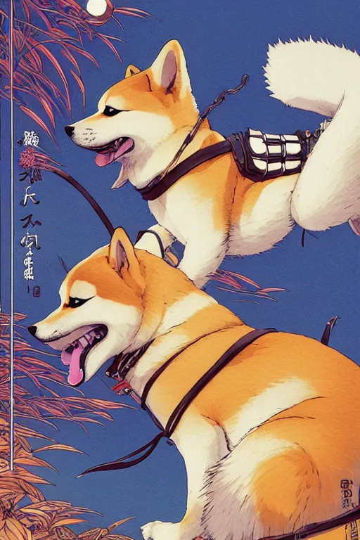 Image similar to poster of a shiba inu as a ninja, studio ghibli aesthetic, by yoichi hatakenaka, masamune shirow, josan gonzales and dan mumford, ayami kojima, takato yamamoto, barclay shaw, karol bak, yukito kishiro