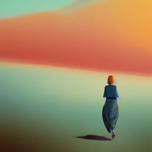 Image similar to closeup of rachel evan wood, a girl walking between dunes, surreal photography, sunrise, blue sky, dramatic light, impressionist painting, digital painting, artstation, simon stalenhag
