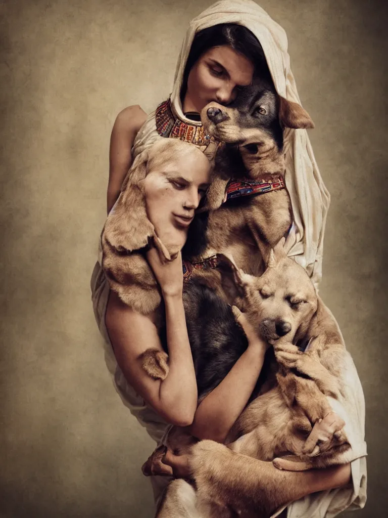 Prompt: photorealistic portrait of a beautiful female ancient Egyptian goddess holding Anubis the dog in her arms, photography by Alessio Albi, 50mm f1.4, bokeh, kodak ektar, rendered in octane