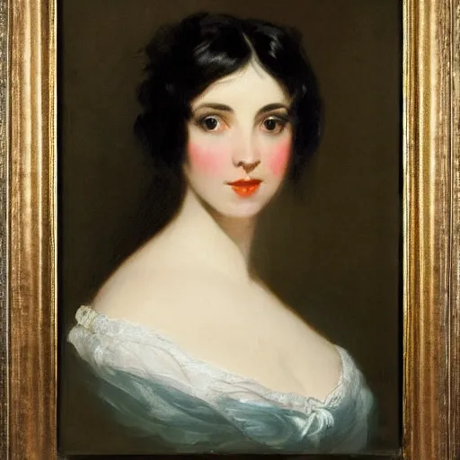 Image similar to Romanticism painting of a young woman with short dark hair painted in 1798 by Sir Thomas Lawrence