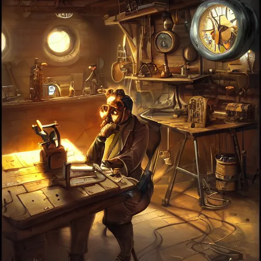 Image similar to a crazy artificer working in his haphazard steampunk workshop, light rays, artstation