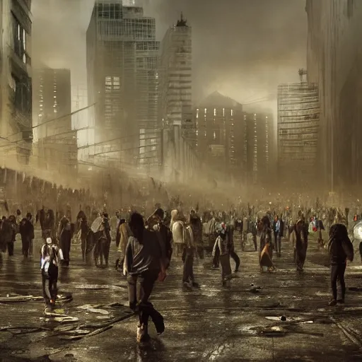 Image similar to hordes of drone-like people aimlessly walking around a depressing dystopian cityscape , trending on artststion, hyper realistic, surreal, melancholic, 8k, upscaled