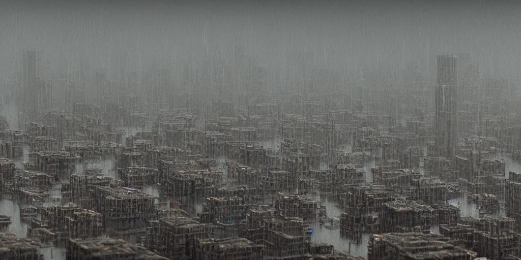 Image similar to realistic photograph of Cityscape macro photograph of a flooded downtown Seattle from the impacts of climate change by zdzislaw beksinski and Ridley Scott, detailed lighting, high quality, sharp focus, intricate, digital painting, artstation, 4k, 25mm film grain