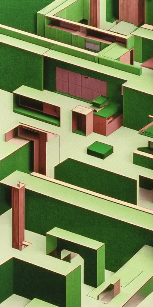 Image similar to huge sprawling gargantuan angular dimension of infinite indoor landscape 7 0 s green velvet and wood with metal office furniture. surrealism, mallsoft, vaporwave. muted colours, 7 0 s office furniture catalogue, shot from above, endless, neverending epic scale by escher and ricardo bofill