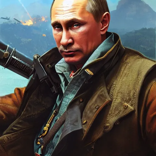 Image similar to Vladimir Putin as General Di Ravello character from Just Cause 3, western, D&D, fantasy, intricate, elegant, highly detailed, digital painting, artstation, concept art, matte, sharp focus, illustration, art by Artgerm and Greg Rutkowski and Alphonse Mucha