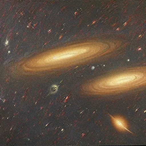 Image similar to a painting by Leonardo Da Vinci of two galaxies colliding