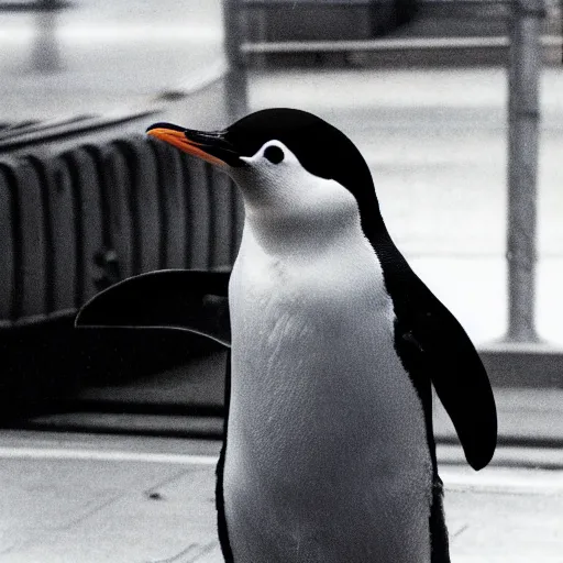 Prompt: A photo of a penguin wearing a conductor's hat at a Chicago train station, 1990, award-winning