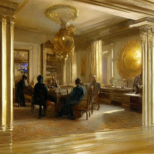 Image similar to detailed cinematic wide shot of sucession interior design corporate office spring light, painting by gaston bussiere, craig mullins, j. c. leyendecker