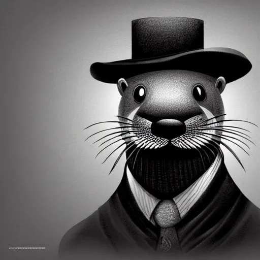 Prompt: anthropomorphic masculine otter in costume in hat, juanjo guarnido, alexandros pyromallis intaglio, concept art, highly detailed, eddotorial illustration, b & w, noir, soft lighting