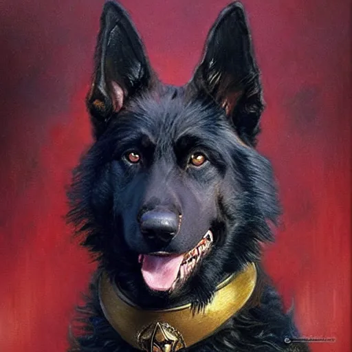 Image similar to a portrait of a black german shepard dogman canine star trek chief engineer the next generation. highly detailed painting by gaston bussiere, craig mullins, j. c. leyendecker, furry