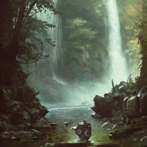 Prompt: Gargantuan stone robot resting in front of a waterfall inside a forest, oil painting, by Greg Rutkowski