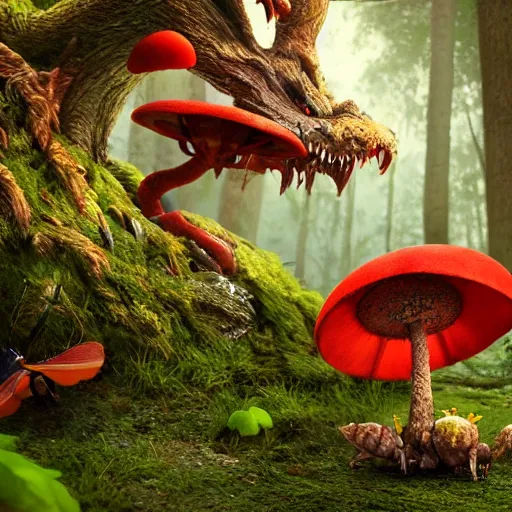 Image similar to a nature photo of a cute fury monster eating bugs for lunch while sitting on a red mushroom in the fantasy forest, extremely detailed, wide shot, sharp and detailed, Octane render