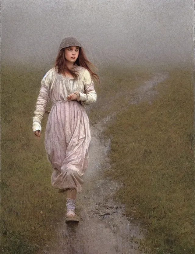 Image similar to peasant girl with long windy hair running under the rain, cottage core, cinematic focus, polaroid photo bleached vintage pastel colors high - key lighting, soft lights, foggy, by steve hanks, by lisa yuskavage, by serov valentin, by tarkovsky, 8 k render, detailed, oil on canvas