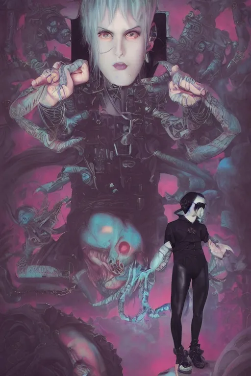 Image similar to goth guy, cluttered 9 0 s bedroom, by artgerm, james jean, tom bagshaw, gerald brom, vaporwave colors, lofi colors, vaporwave, lofi, goth vibe, 4 k, smooth, hd, substance designer render, full body character concept art, symmetrical,