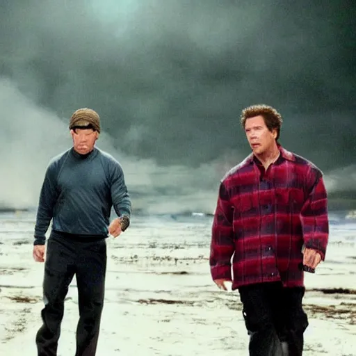 Image similar to scene from a movie that looks like a drama but it's a laugh hard comedy, mark wahlberg and will ferrell being a chaotic duo, shot by darren aronofsky, 4 k