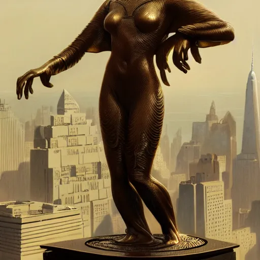 Prompt: a bronze sculpture stands as the centerpiece of futuristic art deco new york city, fantasy, intricate, elegant, digital painting, trending on artstation, concept art, sharp focus, illustration by greg rutkowski, Gaston Bussiere and artgerm, 4k.