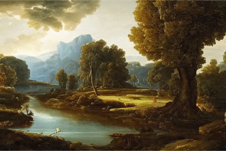 Image similar to beautiful landscape with river and oak trees, mythology, fantasy, landscape background, vivid colors, digital painting, very detailed, realistic, high quality, by claude lorrain