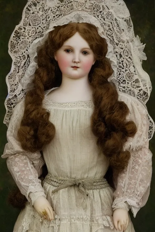 Prompt: a beautiful antique porcelain doll wearing lace painted by Edmund Blair Leighton and Charlie Bowater