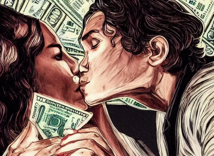 Image similar to reylo kissing, dollar bill