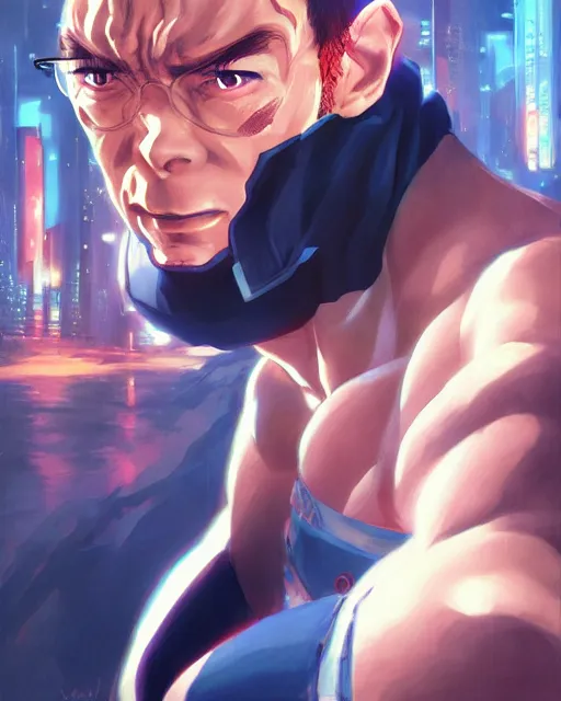 Image similar to anime portrait of Jean Claude van Damme as an anime man by Stanley Artgerm Lau, WLOP, Rossdraws, James Jean, Andrei Riabovitchev, Marc Simonetti, and Sakimichan, trending on artstation