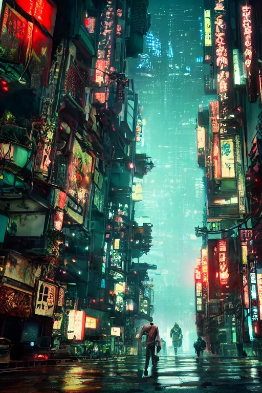 Image similar to cinematic photo of ancient overgrown cyberpunk tokyo with robot, night, rain, flowers, beautifully lit, hyperdetailed, unreal engine, photorealistic, denis villeneuve film look, blade runner set