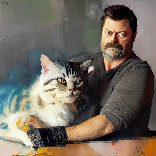 Image similar to nick offerman with body of a cat, jeremy mann painting
