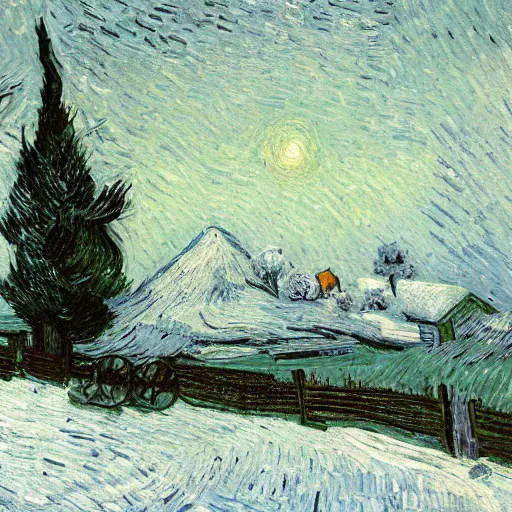 Prompt: beautiful oil painting, snowy snow storm, woodland meadow, log cabin, smoke billowing from chimney, evening, light from window, water stream, water wheel, oak trees, pine trees, rabbits, squirrel, fox, mild breeze wind, falling snow, snow on trees and ground, mountain in background, high detailed, by van gogh