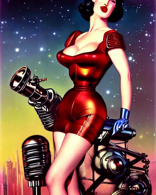 Prompt: closeup beautiful retro space dita von teese posing with a chrome robot in dieselpunk city at night, pinup, windblown dark hair, seductive, hyper detailed, digital art, smooth, sharp focus, luis royo, gil elvgren, alberto vargas, 1 9 5 0, when mars attacks