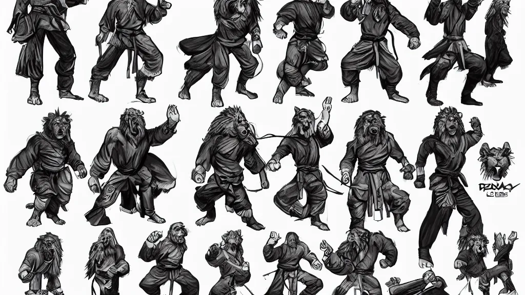 Prompt: a fantasy lion Martial artist person character design sheet, trending on artstation