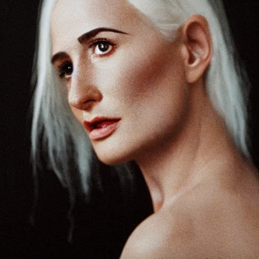 Image similar to realistic expired fuji film portrait of white albino demi moore, hyperrealism, photorealistic, detailed, atmospheric, 8 k, award winning photography, cinematic