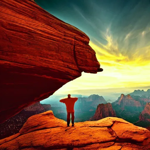 Prompt: highly detailed concept art of award winning cinematic still of man praying with hands up in zion national park, rock formations, colorful sunset, epic, cinematic lighting, dramatic angle, heartwarming drama directed by Steven Spielberg, t, wallpaper