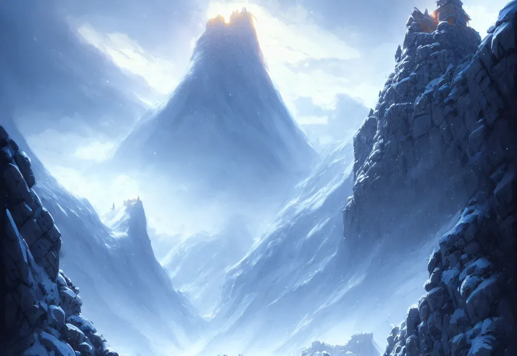 Image similar to large fortress inbetween two mountains, covered in snow, epic blue sky, cinematic view, concept art, high detail, well lit, volumetric, godrays, vivid, trending on artstation, by jordan grimmer, art greg rutkowski