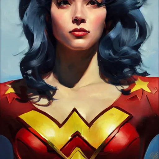 Image similar to greg manchess portrait painting of wonderwoman as overwatch character, medium shot, asymmetrical, profile picture, organic painting, sunny day, matte painting, bold shapes, hard edges, street art, trending on artstation, by huang guangjian and gil elvgren and sachin teng