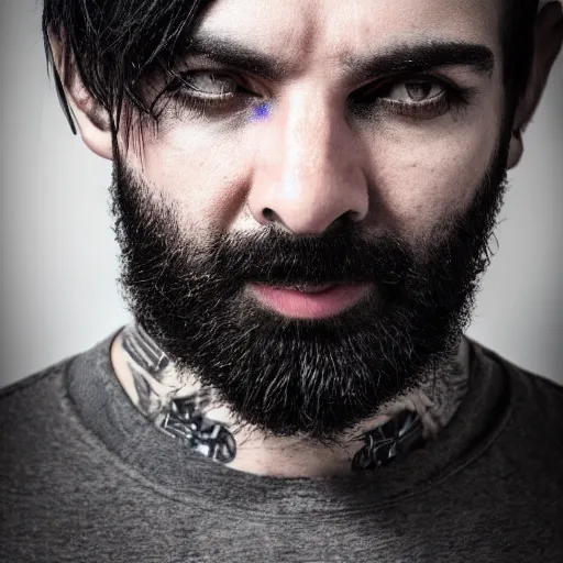 Image similar to bust portrait of handsome proud man with short black hair with grey hair, piercing in eyebrow, very short full beard, cyberpunk, fashion editorial photography, neon color scheme, waist up, low angle