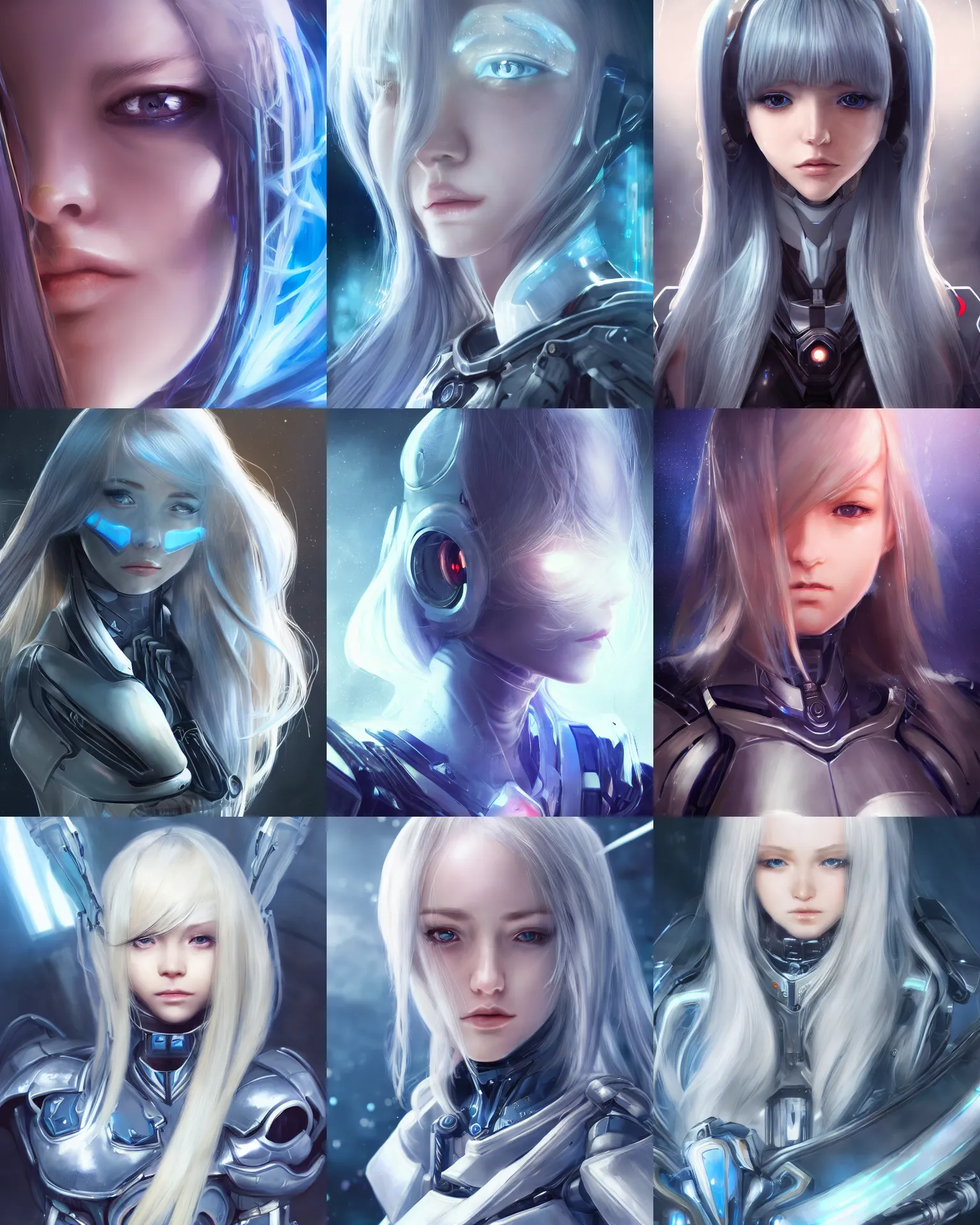 Prompt: detailed portrait of perfect android girl, warframe armor, beautiful face, scifi, futuristic, space station, laboratory, kwak ji young, dreamy, long white hair, blue cyborg eyes, cinematic lighting, innocent, highly detailed, sharp focus, smooth, artstation, intricate, award winning, pure aura, divine, by akihiko yoshida