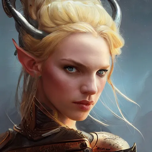 Image similar to A head-on detailed oil fantasy portrait of a pretty elf woman with small horns on her forehead, long blonde hair and bright copper irises, by greg rutkowski, trending on artstation, dungeon and dragons art