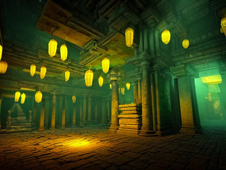 Prompt: an ancient temple within a walled underground city, hyperrealism, high contrast, low light, vibrant color, psychedelic, green mist, blue cobblestones, orange demons, yellow lanterns. 3 d render, unreal engine, volumetric lighting