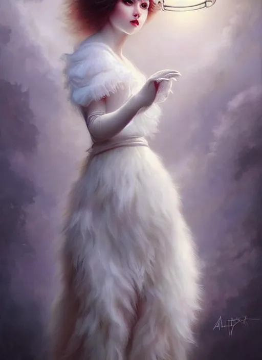 Prompt: a beautiful fluffy white cat with baroque dress, painted by artgerm and tom bagshaw, fantasy art, dramatic lighting, highly detailed oil painting