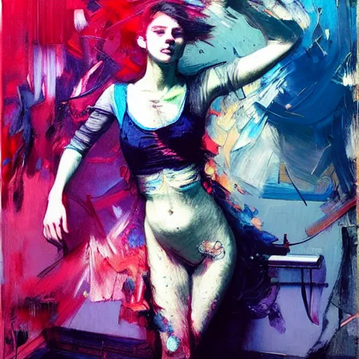 Image similar to portrait of beautiful girl sensual dancing, ecstatic, wonderful techno party, shades of blue, utopia, by by greg rutkowski, by jeremy mann, by francoise nielly, by vincent van gogh