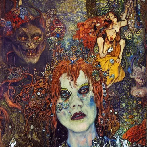 Image similar to princes of hell in alice in wonderland tripping on ayahuasca with faces in the background, intricate detail, painting, klimt, royo, frazetta, whealan,