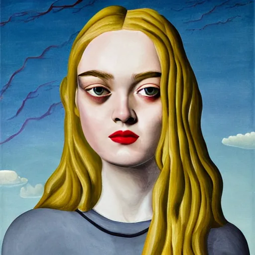 Image similar to professional painting of Elle Fanning in the style of Giorgio De Chirico, head and shoulders portrait, symmetrical facial features, smooth, sharp focus, illustration, intricate, stormy weather, extremely detailed masterpiece,