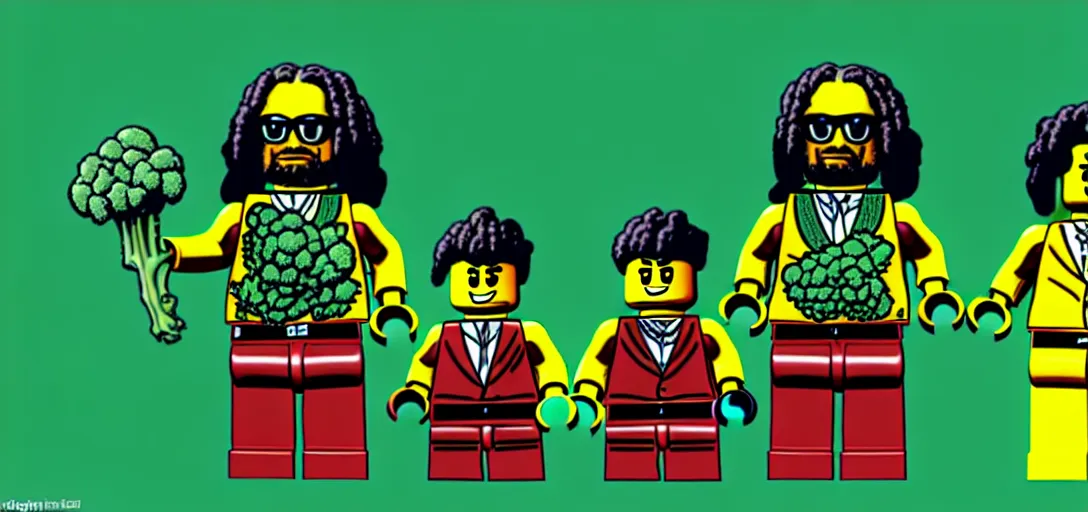 Image similar to lego snoop dogg and wizz khalifa surrounded by bunches of broccoli dean, roger digital art style