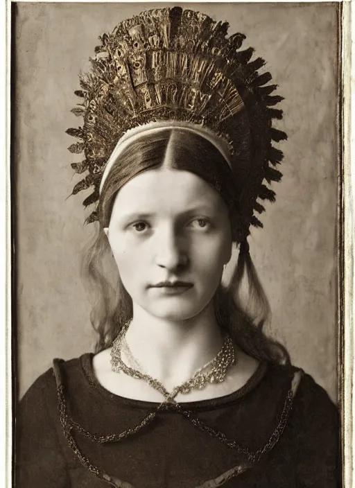 Image similar to portrait of young woman in renaissance dress and renaissance headdress, art by august sander