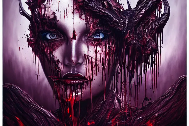 Image similar to surreal Portrait of beautiful seductive Dark demonic godeness of destruction and war covered in blood in dmt chromatic surreal liquid enviroment , elegant, highly detailed, smooth, photoreal, sharp focus, illustration, beautiful, geometric, dmt trending on artstation, cinematic, artwork by WLOP