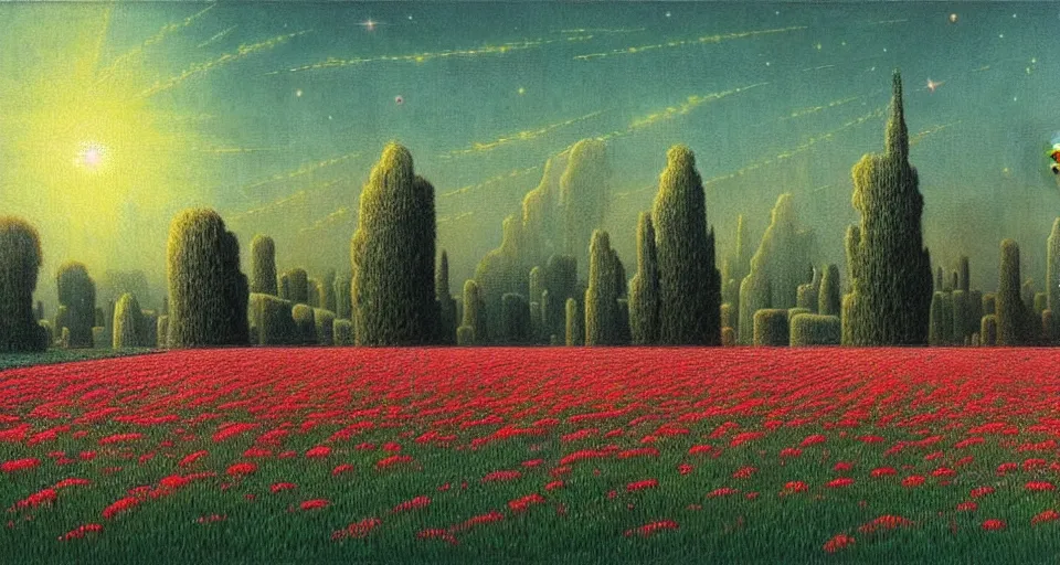 Image similar to a beautiful painting of a large perfectly cut hedge garden a field of flowers by moebius, underneath a star filled night sky, harold newton, zdzislaw beksinski, donato giancola, warm coloured, gigantic pillars and flowers, maschinen krieger, beeple, star trek, star wars, ilm, atmospheric perspective