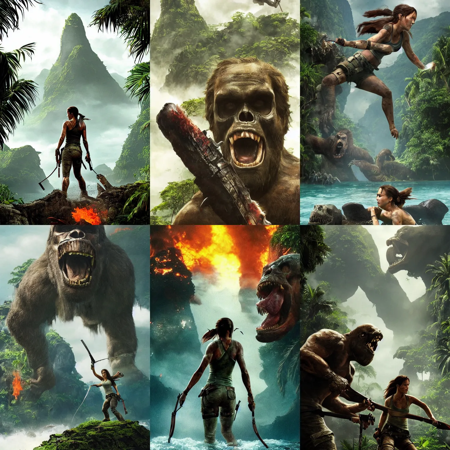 Prompt: epic composition, Tomb Raider, tropical Island, Kong: Skull Island (2017), Lost series, Action, from jurassic World (2015), from pacific rim (2013) from King kong (2005), farcry, cryengine, cgsociety, ArtStation, by drew struzan, by James gurney